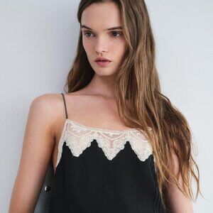 ZARA Lace Lingerie Style Top ZW Collection NWT SZ Large Spaghetti Straps Black